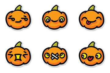 kawaii handdrawn pumpkin vector set of 6 icons. halloween decor, textile, cards, chart emoji, stickers. BONUS: Includes colorized, shadowed and linear versions separated by layers