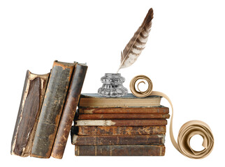 Old books,  inkstand and scroll cut out