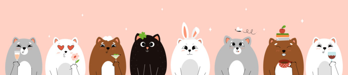 Set of cute cats, cartoon cats in flat style, set of vector illustrations of cats, cats with funny emotions,cats with cute faces