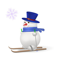3d cute snowman skier. Illustration of a snowman in a dark scarf and hat. Vector image.