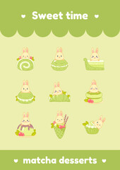 Sweet time. Set of cartoon illustrations of cute bunnies sitting on oriental matcha green tea desserts. Vector 10 EPS.
