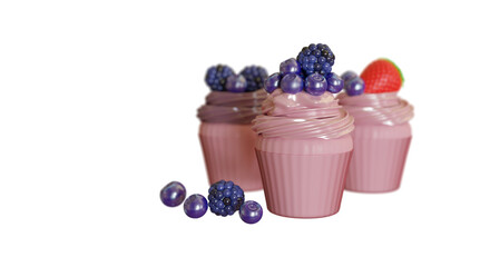 3D pink cupcake with cream and berries