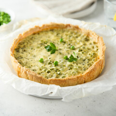 Homemade green pea quiche with cheese