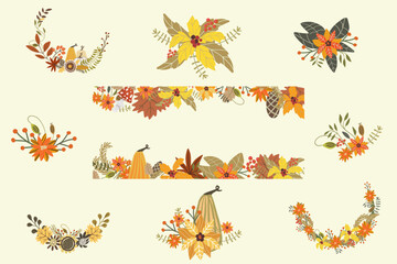 Set of compositions, arrangements and border with abstract autumn flowers, plants, foliage, cones, pumpkins, flowers, twigs, semicircular wreaths, blossom, pines, branches, suitable for Thanksgiving.