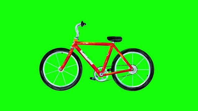 Animated man's bicycle seen from the left and sprocket wheel on the back on green background. Paint hand made cartoon style seamless loop. Motion design graphic animation business explainer style.