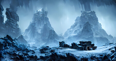 Illustration of settlement village in winter. A landscape of fantasy.Digital art painting for book illustration,background wallpaper, concept art.