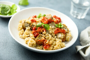 Quinoa with chicken sausage and tomato sauce