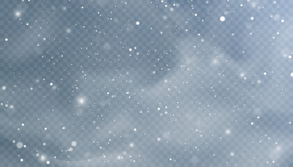 Snow blizzard texture, christmas winter background. Snowflakes flying in the sky isolated on transparent background. png effect