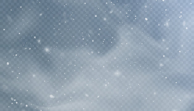 Snow blizzard texture, christmas winter background. Snowflakes flying in the sky isolated on transparent background. png effect