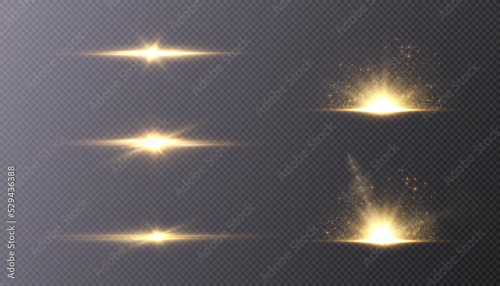Poster Set of light effects golden glowing light isolated on transparent background. Solar flare with rays and glare. Glow effect. Starburst with shimmering sparkles.