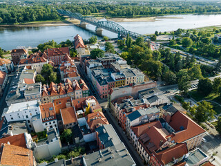 Torun. Aerial View of Old City of Torun. Vistula ( Wisla ) River with Bridge and Historical Buildings of the Medieval City of Torun. Kuyavian-Pomeranian Voivodeship. Poland. Europe. 