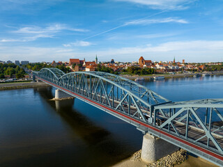 Torun. Aerial View of Old City of Torun. Vistula ( Wisla ) River with Bridge and Historical Buildings of the Medieval City of Torun. Kuyavian-Pomeranian Voivodeship. Poland. Europe. 