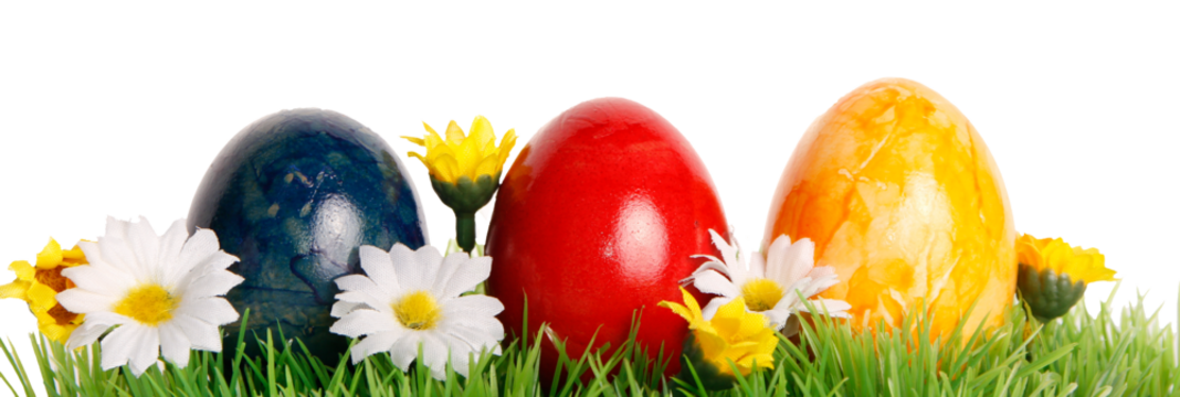 Gefärbte Ostereier auf einer künstlichen Wiese mit Blumen und Textfreiraum im Detail