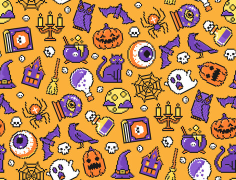 Seamless Halloween pattern with cartoon pumpkin, ghost, witch's cauldron, potion, moon, owl, spider, bat, skull, web in pixel art design. Mystical holiday vector background.