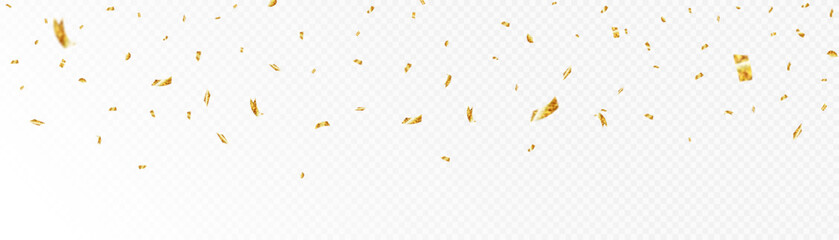 Confetti on a transparent background. Falling shiny golden confetti. Bright golden festive tinsel. Festive design elements for web banner, poster, flyer, invitation