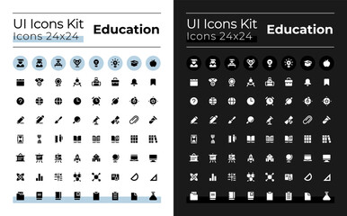 Distance education glyph ui icons set for dark, light mode. E-learning. Silhouette symbols for night, day themes. Solid pictograms. Vector isolated illustrations. Montserrat Bold, Light fonts used