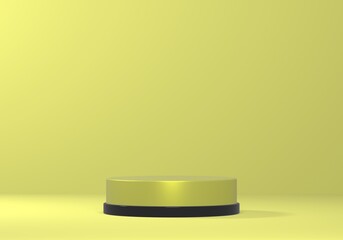 Empty minimalistic yellow podium with black rim in studio lighting. A single cylinder on a yellow background. 3d render