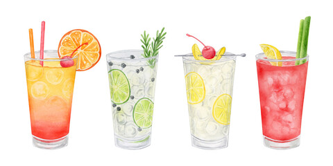 Alcohol cocktail collection. Watercolor illustration. Drinks clipart set on white background