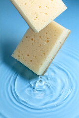 The sponge falls into the water.