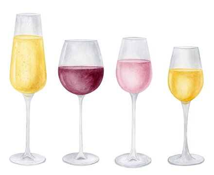 Watercolor wineglass clipart collection. Wine watercolor illustration.