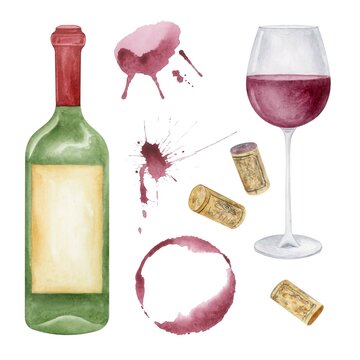 Watercolor red wine set. Wine testing clipart. Wine bottle, winegalss, corkscrew, wine stain.