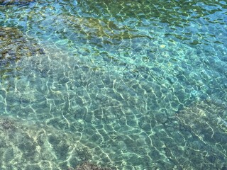 Sea turquoise blue transparent water surface in paradise lagoon.