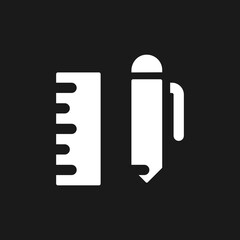 School stationery dark mode glyph ui icon. Pen with ruler. User interface design. White silhouette symbol on black space. Solid pictogram for web, mobile. Vector isolated illustration
