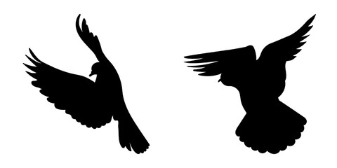 Doves pigeons in flight, different pack of bird silhouettes, isolated vector