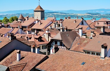 Dachlandschaft mit Turm, Murten, Morat, Westschweiz