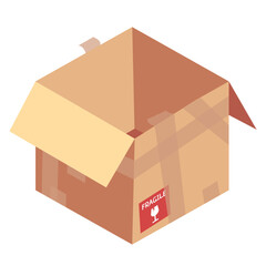 Cartoony Isometric Stylized Open Cardboard Box Parcel with Tape and Fragile Sticker