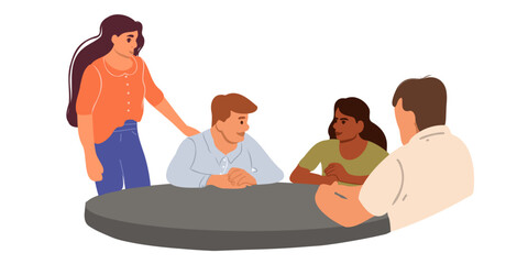 
People talking, talking in the living room at the table. Friendly communication, conversation, meeting, gathering. European men and a woman and an African American woman. Vector illustration