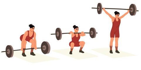 Fototapeta na wymiar Set of strong woman in sportswear doing deadlift during workout. Young female bodybuilder doing exercises with a heavy barbell in the gym. Powerlifting, sports lifestyle. Vector illustration