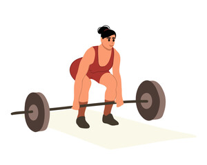 Fototapeta na wymiar Young bodybuilder woman doing exercise with a heavy weight bar in gym. Strong muscular woman in sportswear doing deadlift during workout. Powerlifting, sports lifestyle. Vector illustration