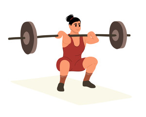 Powerlifting, sports lifestyle. Strong muscular woman in sportswear doing deadlift during workout. Young bodybuilder woman doing exercise with a heavy weight bar in gym. Vector illustration