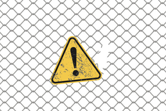 Warning sign on security torn metal mesh chain fence vector illustration. 3d realistic protection border for area with risk of biological infection, virus epidemic, dangerous industrial zone