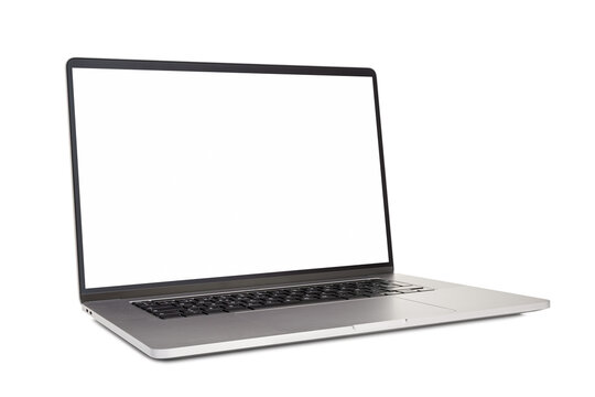 Modern laptop with blank white screen. Template mock up