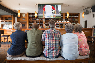 Group of senior people watching football match siting together in bar