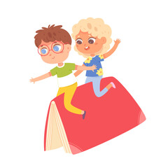 Children flying on book, smart boy with glasses and cute girl fly on textbook to lesson