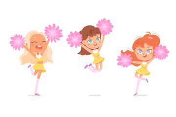 Girls cheerleaders dance and jump with pink pom poms set, cute kids cheer school team
