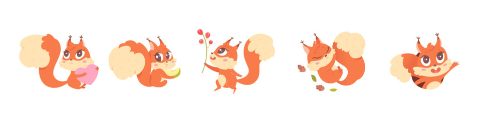 Different activities of cute squirrel character set, happy animals with long furry tails