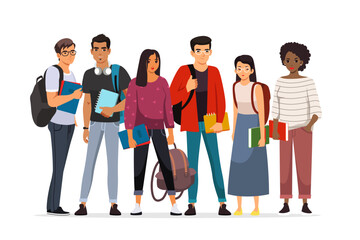 Obraz premium College or university students group. Young happy people standing isolated on white background. Higher academic education vector illustration. Diverse multicultural meeting.