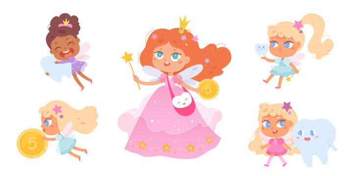 Tooth fairy characters set, fairy tale princess with crown and dress, little pretty girls
