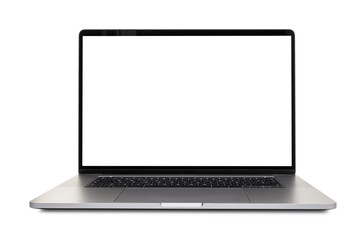 Front view of Modern laptop with blank white screen.  Mock up template