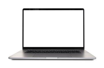 Front view of Modern laptop with blank white screen.  Mock up template