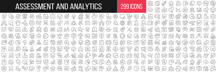 Assessment and analytics linear icons collection. Big set of 299 thin line icons in black. Vector illustration