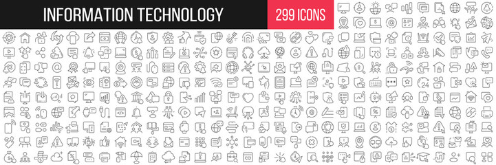 Information technology linear icons collection. Big set of 299 thin line icons in black. Vector illustration - obrazy, fototapety, plakaty
