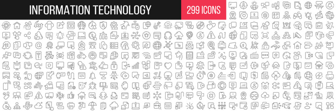 Information technology linear icons collection. Big set of 299 thin line icons in black. Vector illustration