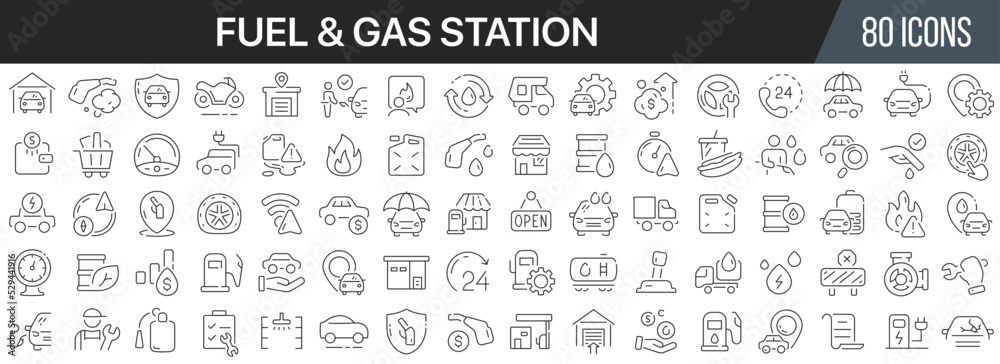 Poster fuel and gas station line icons collection. big ui icon set in a flat design. thin outline icons pac
