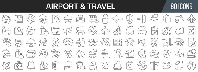 Fototapeta na wymiar Airport and travel line icons collection. Big UI icon set in a flat design. Thin outline icons pack. Vector illustration EPS10