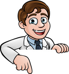 Obraz premium Pointing Cartoon Scientist Character Sign